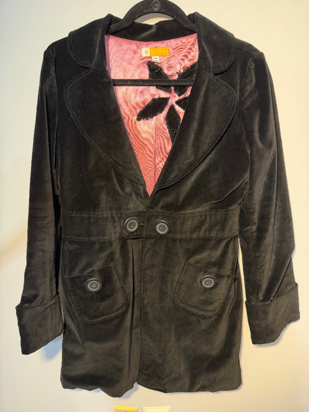 M Tulle Black Velvet Pea Coat Jacket with Hot Pink Lining and Floral Embroidery